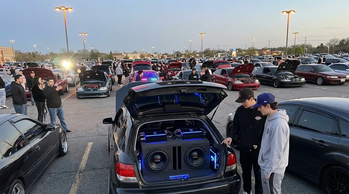 Car meet with open trunks showing custom subwoofer boxes