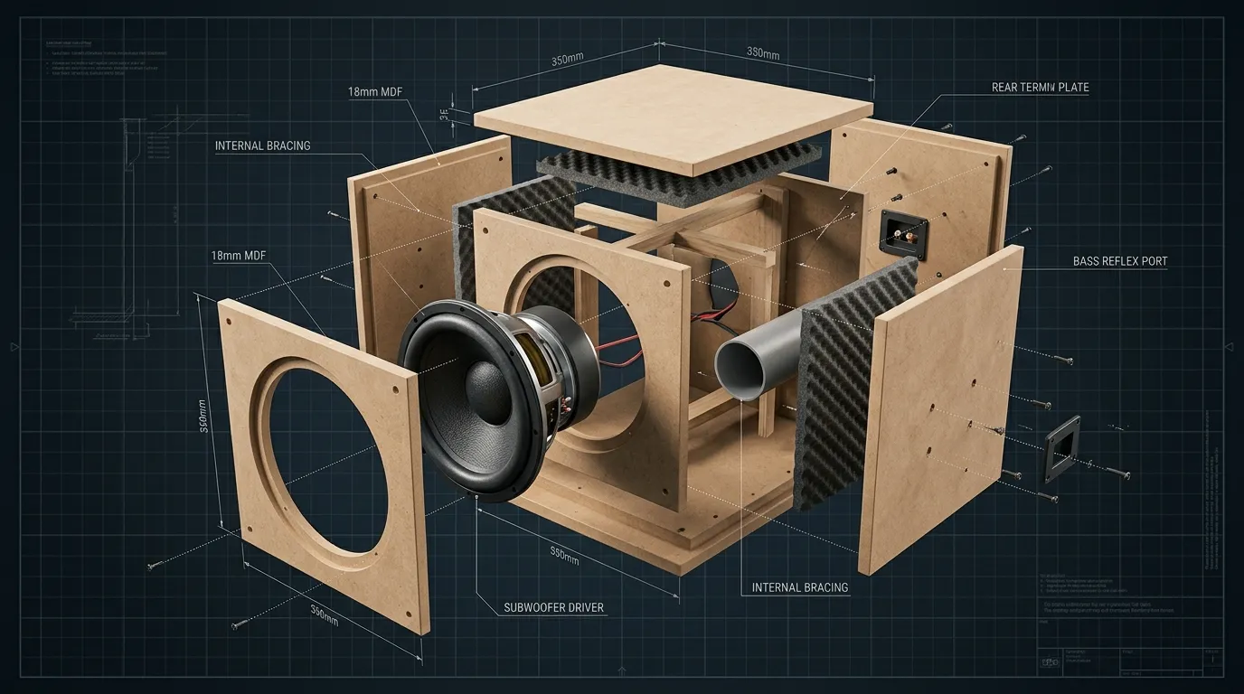 Exploded view of a custom subwoofer box showing the front baffle, side panels, bracing, and port