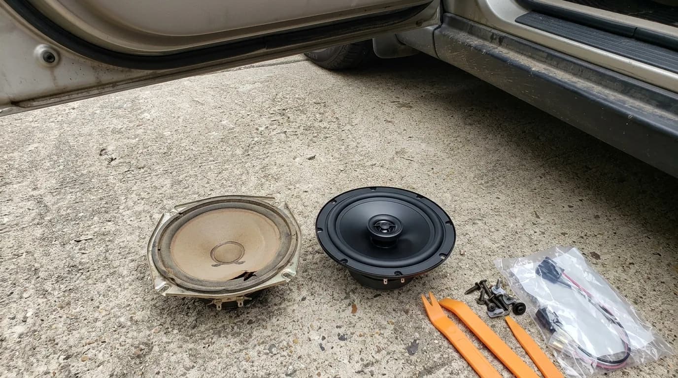 Torn factory paper cone speaker next to a new coaxial replacement speaker